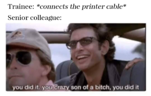 When you connect the printer cable to a senior colleague